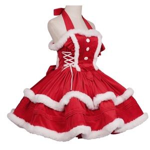 Mrs. Claus Christmas Costume - Festive Halter Dress with Faux Fur Trim